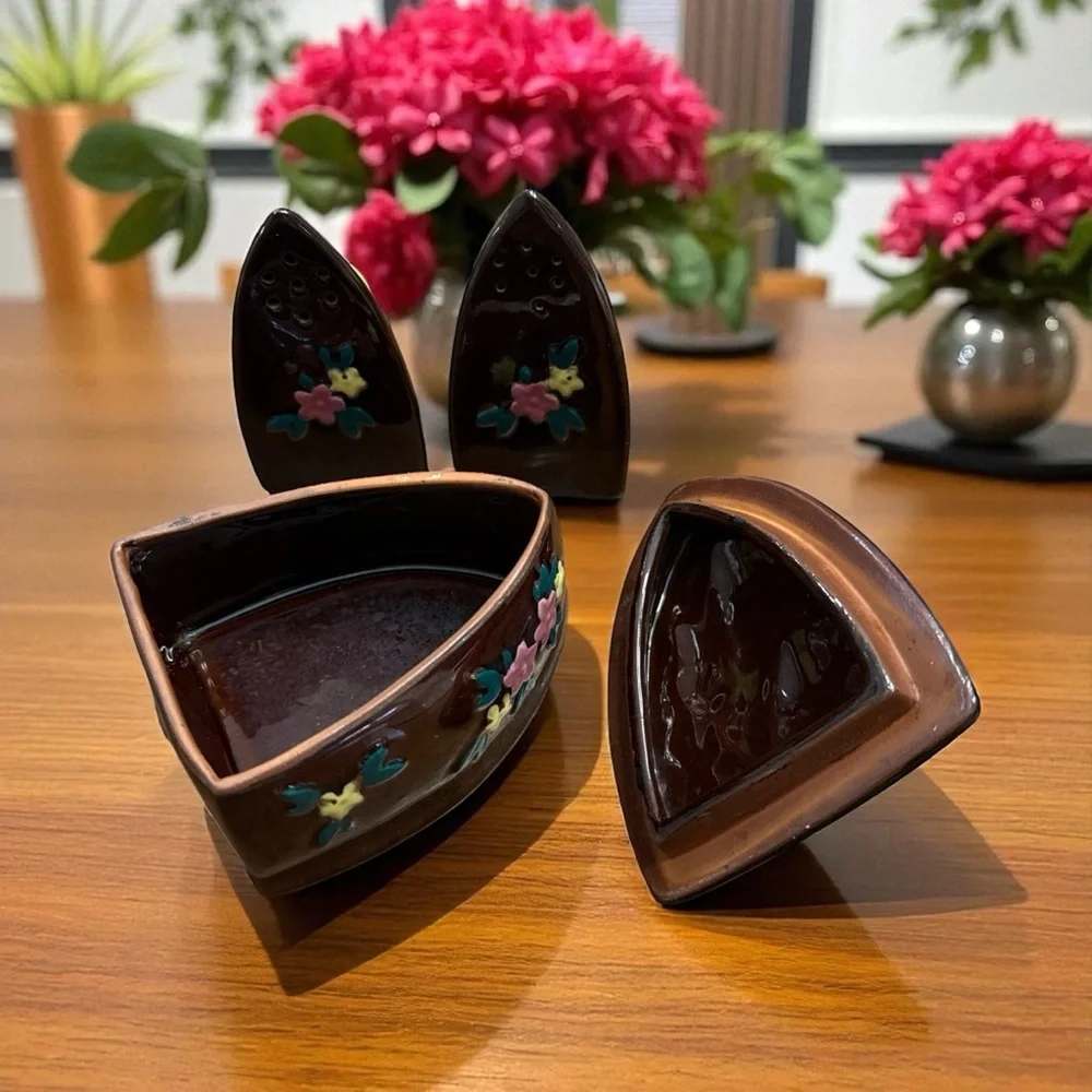 VTG Japan Redware Iron Shaped Sugar Bowl Salt Pepper Shaker Set 3pc